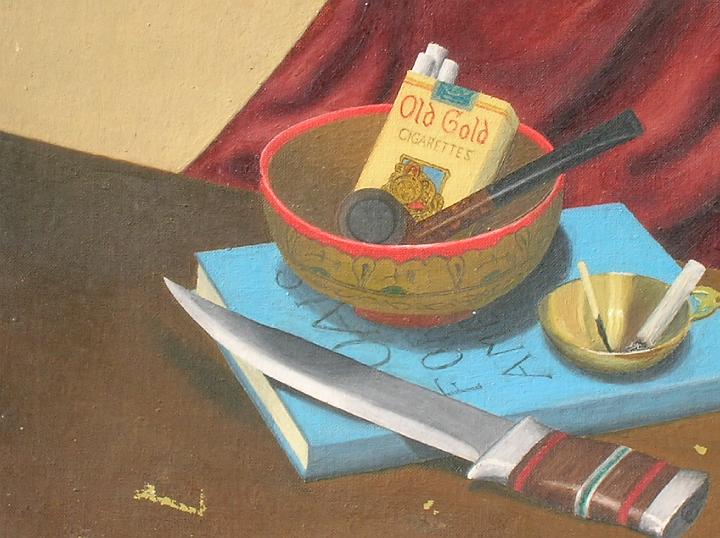 July August '07 042.jpg - Still Life by Ralph Wolff, oil, collection of Richard Wolff 
The real knife was made by Ralph Wolff from an old file blade probably while he was stationed in Greenland during the war building an airbase (Thule?)